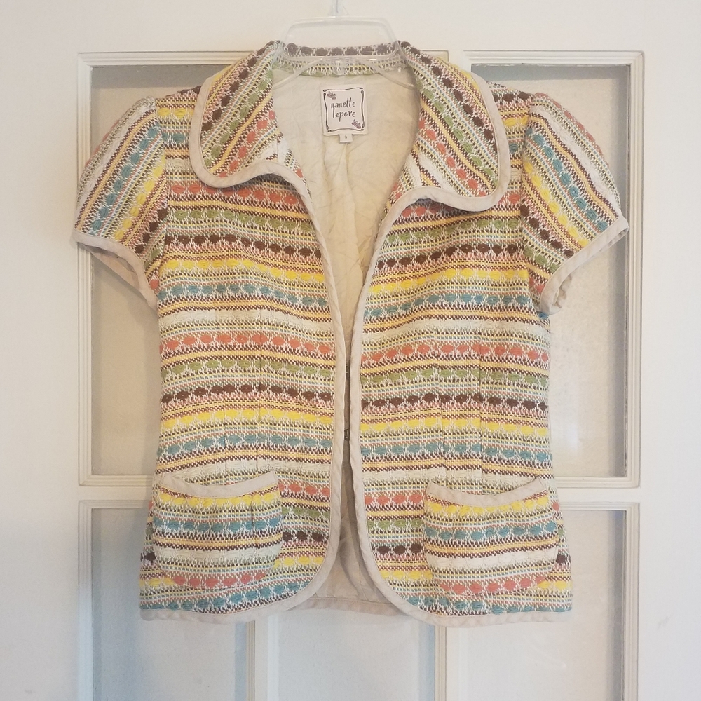 Nanette Lepore Colorful Tweed Striped Short Sleeve Jacket Autumn colors
